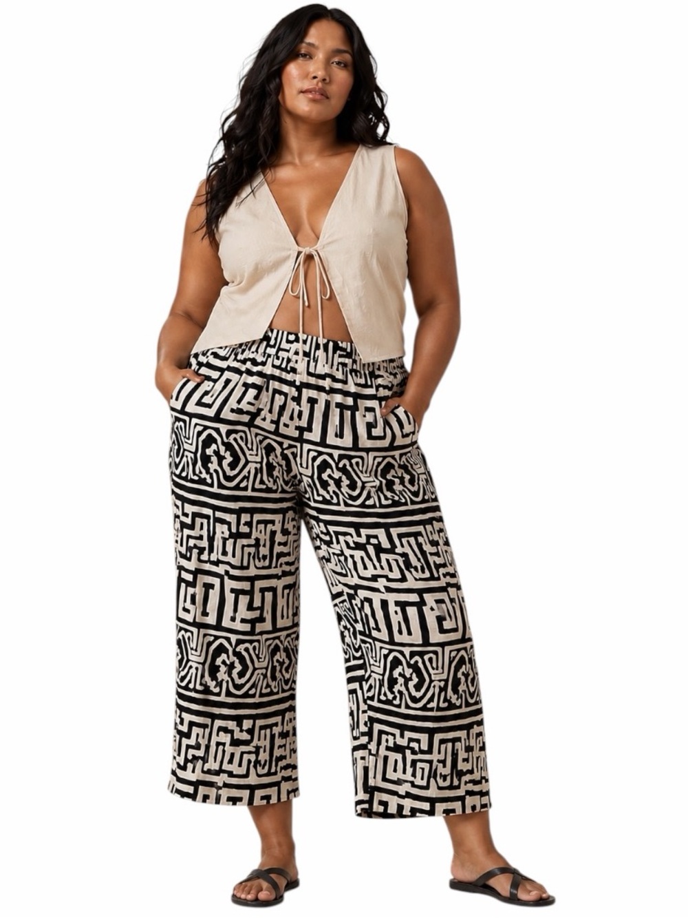 Rachel Zoe 2X Black & Ivory Print Cropped Wide Leg Linen Blend Pants Resortwear